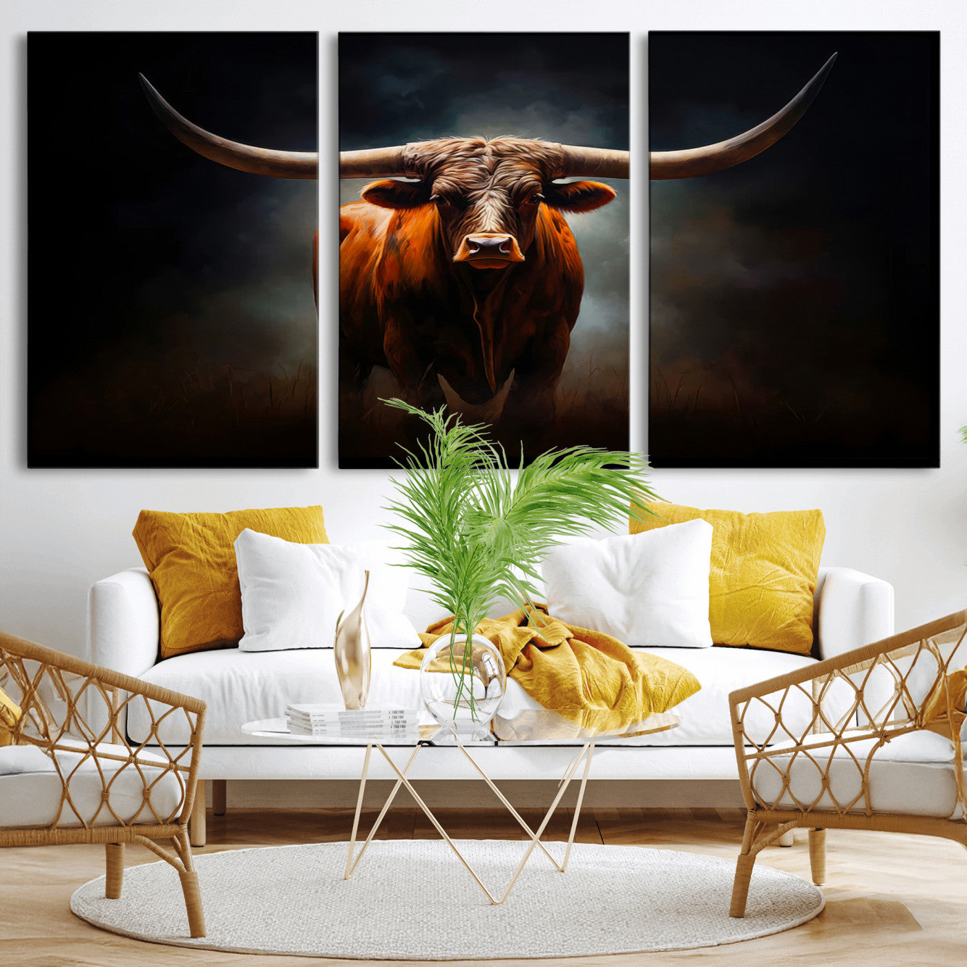 12484-MGV-CV-36X24-Texas Longhorn Wall Art Canvas Print, Framed Western Bull Art Picture Print, Moody Cattle Perfect Moody Western Decor Artwork