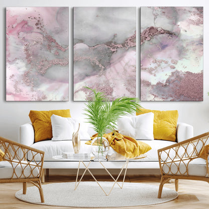 16416-MGV-CV-60X30-3P-Blush Marble Wall Art Canvas Print, Framed Rose Gold Art Picture Print, Pink Cloudy Perfect Modern Glam Decor Artwork