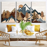 80300-MGV-CV-60X30-3P-Geometric Mountains Wall Art Canvas Print, Framed Stylized Trees Art Picture Print, Graphic Forest Perfect Rustic Abstract Decor