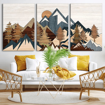 80300-MGV-CV-60X30-3P-Geometric Mountains Wall Art Canvas Print, Framed Stylized Trees Art Picture Print, Graphic Forest Perfect Rustic Abstract Decor