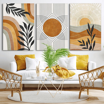 32359-MGV-CV-60X30-3P-Modern Sun Wall Art Canvas Print, Framed Retro Horizon Art Picture Print, Sunburst Design Perfect Mid Century Boho Decor Artwork