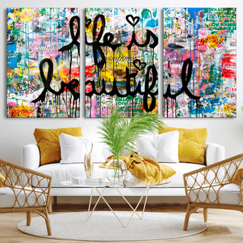 36856-MGV-CV-36X24-Life Is Beautiful Wall Art – Colorful Graffiti Canvas Print, Modern Street Style Artwork, Inspirational Decor for Living Room,