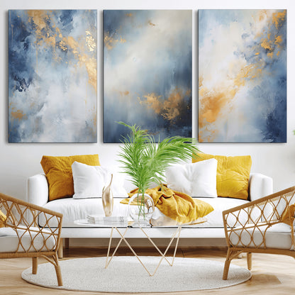 41836-MGV-CV-36X24-Abstract Gold Wall Art Canvas Print, Framed Blue Layers Art Picture Print, Elegant Cloud Perfect Elegant Minimalist Decor Artwork