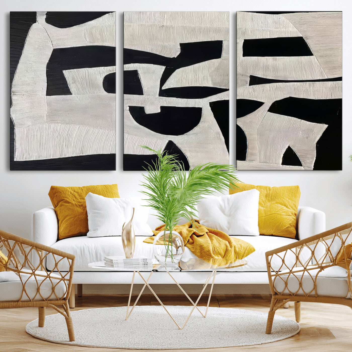 33714-MGV-CV-60X30-3P-Monochrome Design Wall Art Canvas Print, Framed Modern Linework Art Picture Print, Textured Shapes Perfect Monochrome Modern Decor