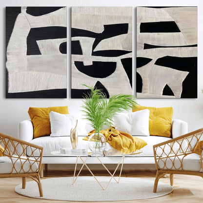 33714-MGV-CV-60X30-3P-Monochrome Design Wall Art Canvas Print, Framed Modern Linework Art Picture Print, Textured Shapes Perfect Monochrome Modern Decor