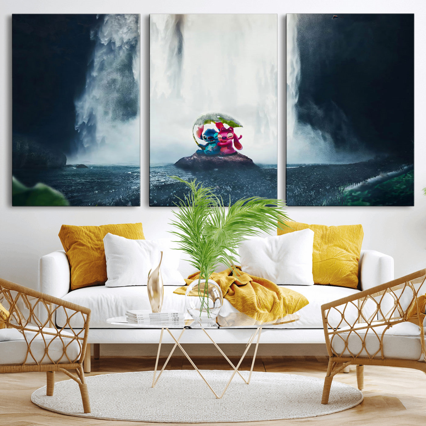 32259-MGV-CV-36X24-Stitch Angel Wall Art Canvas Print, Framed Stitch Waterfall Art Picture Print, Cartoon Couple Perfect Moody Fantasy Decor Artwork