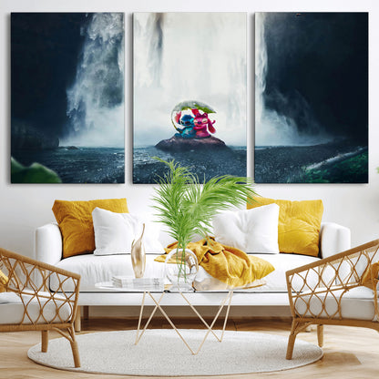 32259-MGV-CV-36X24-Stitch Angel Wall Art Canvas Print, Framed Stitch Waterfall Art Picture Print, Cartoon Couple Perfect Moody Fantasy Decor Artwork