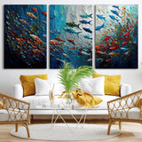 89626-MGV-CV-36X24-Fish Swarm Wall Art Canvas Print, Framed Abstract Ocean Art Picture Print, Underwater Life Perfect Vibrant Coastal Decor Artwork