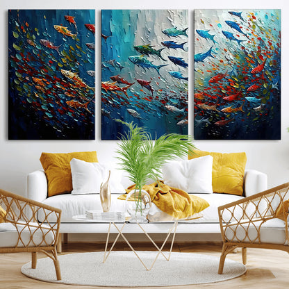 89626-MGV-CV-36X24-Fish Swarm Wall Art Canvas Print, Framed Abstract Ocean Art Picture Print, Underwater Life Perfect Vibrant Coastal Decor Artwork