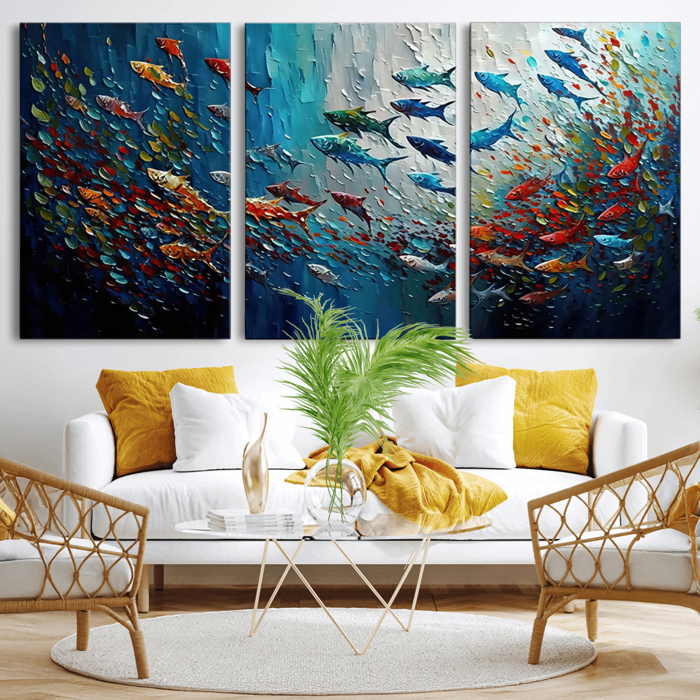 89626-MGV-CV-36X24-Fish Swarm Wall Art Canvas Print, Framed Abstract Ocean Art Picture Print, Underwater Life Perfect Vibrant Coastal Decor Artwork