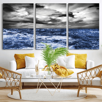 91043-MGV-CV-36X24-Stormy Ocean Wall Art Canvas Print, Framed Moody Seascape Art Picture Print, Monochrome Sea Perfect Coastal Drama Decor Artwork
