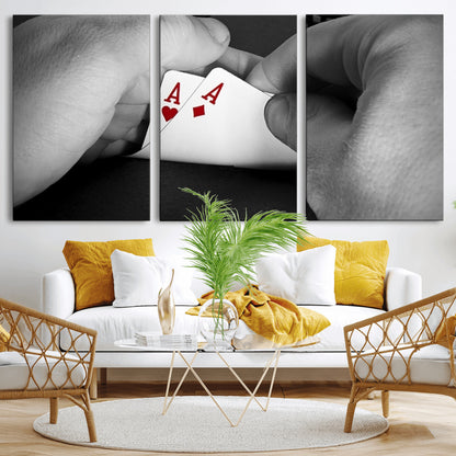 62460-MGV-CV-36X24-Poker Game Wall Art – Close Up of Hands Holding Aces with Chips, Casino Style Decor for Game Room, Man Cave or Office