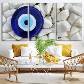 48883-MGV-CV-36X24-Evil Eye Wall Art – Deep Blue Symbol of Presence and Calm on White Stones, Subtle Spiritual Decor for Entryway, Studio, Office or