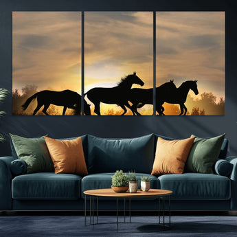 16620-MGV-CV-36X24-Sunset Stallions Wall Art – Silhouetted Horses Running Canvas Print, Nature’s Rhythm, Perfect for Living Room, Office, or Man Cave