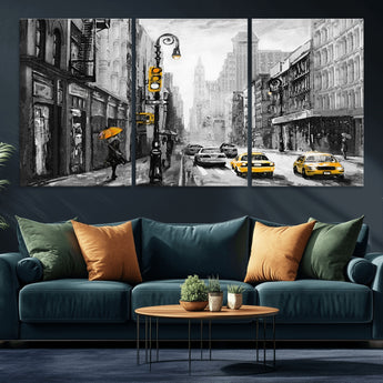 32362-MGV-CV-36X24-NYC Street Wall Art – Black and White Cityscape with Yellow Taxis and Umbrella Canvas Print, Urban Home Decor for Living Room or