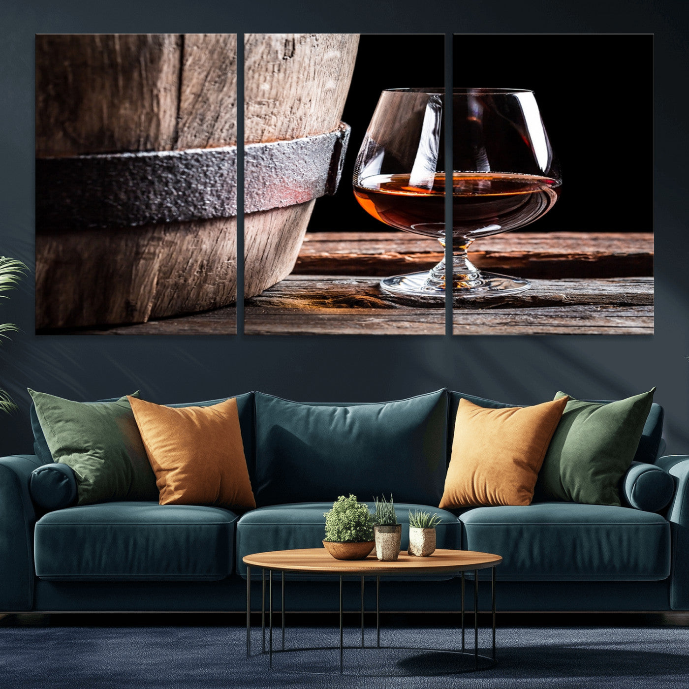 50839-MGV-CV-36X24-Barrel & Brandy Wall Art – Rustic Whiskey Barrel and Brandy Glass Canvas Print, Elegant Home Bar or Lounge Decor for Office, Man