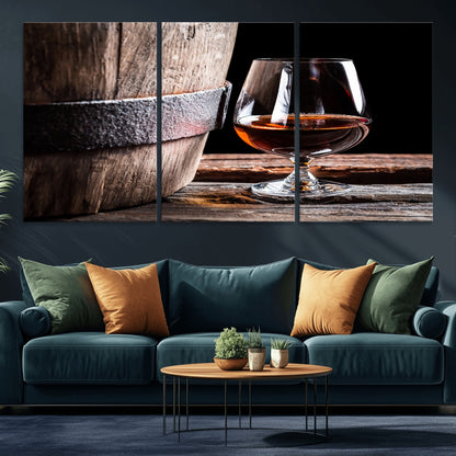 50839-MGV-CV-36X24-Barrel & Brandy Wall Art – Rustic Whiskey Barrel and Brandy Glass Canvas Print, Elegant Home Bar or Lounge Decor for Office, Man