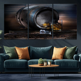 78049-MGV-CV-36X24-Whiskey Barrel Wall Art – Rustic Whiskey Barrel and Glass with Ice Canvas Print, Classic Bar or Lounge Decor for Home, Office, or
