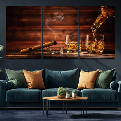 91042-MGV-CV-36X24-Whiskey & Cigar Wall Art – Elegant Whiskey Pour and Smoldering Cigar Canvas Print, Sophisticated Bar or Lounge Decor for Home,