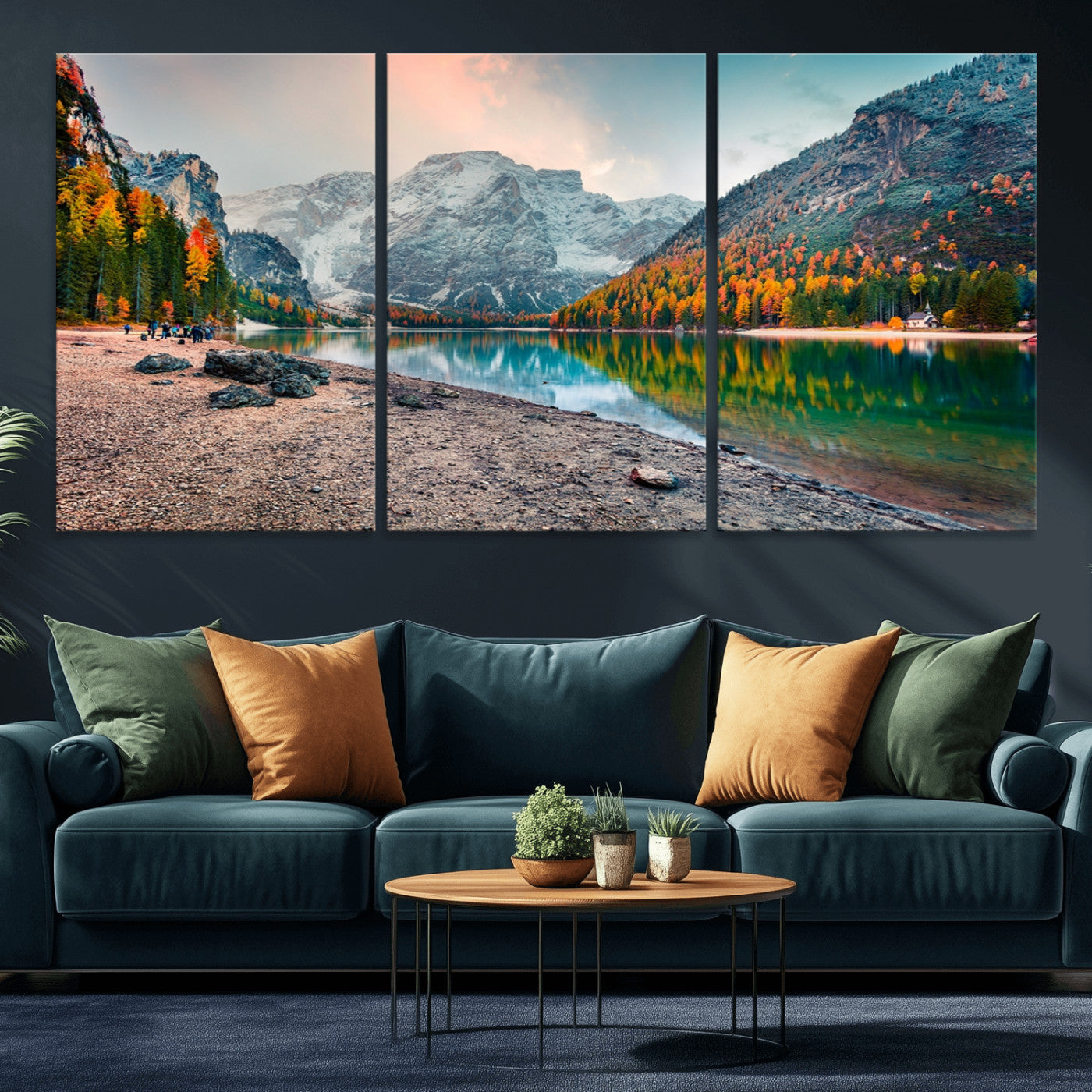 25982-MGV-CV-36X24-Autumn Mountain Lake Wall Art – Panoramic Fall Foliage and Snowy Peaks Canvas Print, Scenic Nature Decor for Living Room or Office
