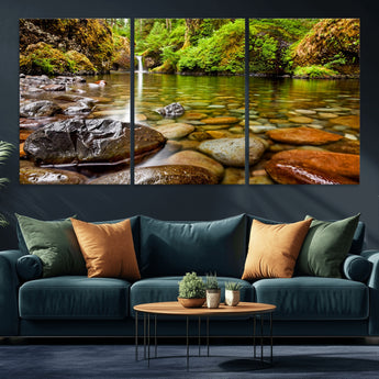 98096-MGV-CV-36X24-Serene River Waterfall Nature Photo – Calm Clear Water, Vibrant Green Forest and Smooth Stones Landscape Wall Art for Home or