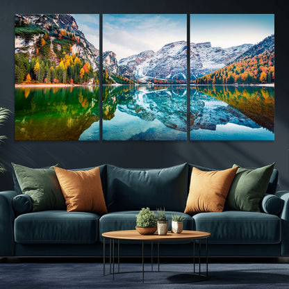 10402-MGV-CV-36X24-Snowy Mountain Lake Wall Art – Autumn Landscape Canvas Print with Reflection, Nature Decor for Living Room, Office, Bedroom or