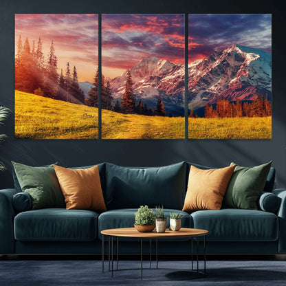 83947-MGV-CV-36X24-Sunset Mountain Landscape Wall Art – Panoramic Alpine Meadow and Snow Capped Peaks Canvas Print, Nature Scenic Decor for Home,