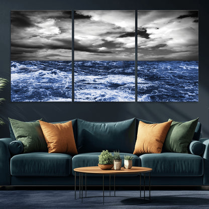 36012-MGV-CV-36X24-Dramatic Stormy Ocean Waves Black and White with Deep Blue Highlights – Moody Seascape Wall Art, Nature Photography Print for Home