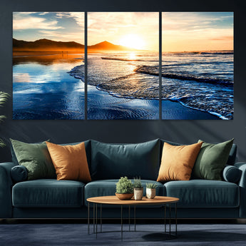86173-MGV-CV-36X24-Golden Sunset Beach Wall Art – Reflective Ocean Canvas Print with Mountains and Waves, Coastal Nature Decor for Living Room,