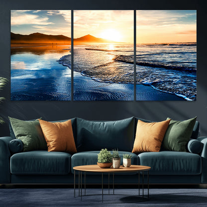 86173-MGV-CV-36X24-Golden Sunset Beach Wall Art – Reflective Ocean Canvas Print with Mountains and Waves, Coastal Nature Decor for Living Room,