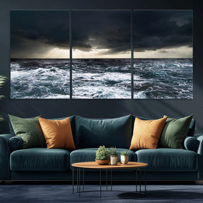 42607-MGV-CV-36X24-Stormy Ocean Wall Art – Dramatic Sea and Sky Canvas Print with Sun Rays, Moody Nature Decor for Living Room, Office, Bedroom or