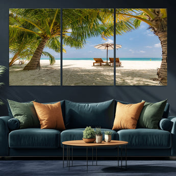 83601-MGV-CV-36X24-Tropical Beach Wall Art – Serene Palm Trees and Lounge Chairs Canvas Print, Relaxing Coastal Decor for Living Room, Bedroom or