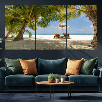 83601-MGV-CV-36X24-Tropical Beach Wall Art – Serene Palm Trees and Lounge Chairs Canvas Print, Relaxing Coastal Decor for Living Room, Bedroom or