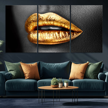 84747-MGV-CV-36X24-Golden Lips Black & White Portrait – Glamorous Metallic Lip Art Print, Modern Wall Decor for Bedroom, Beauty & Fashion Lover Gift