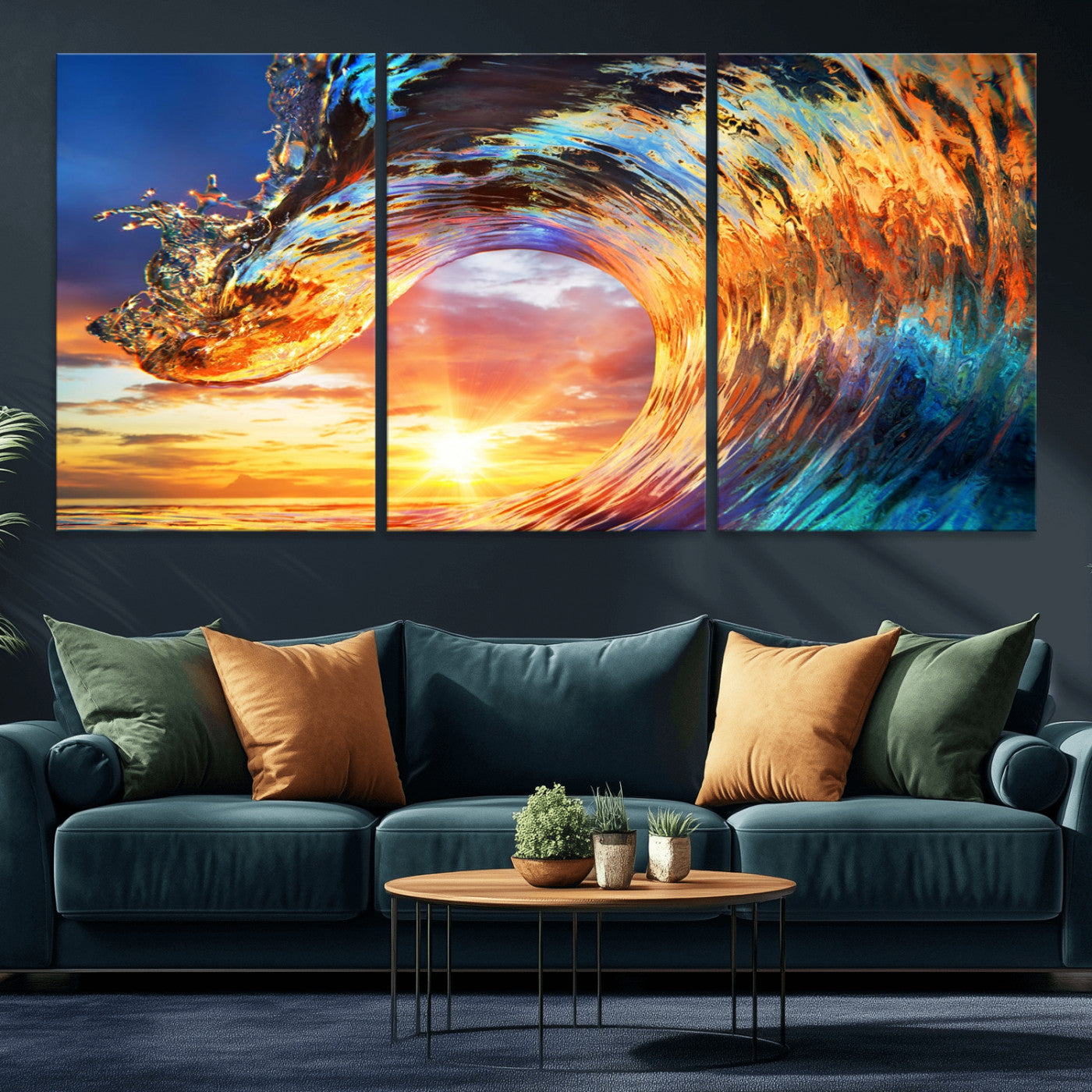 52890-MGV-CV-36X24-Surfing Wave Wall Art Canvas Print, Framed Sunset Ocean Art Picture Print, Ocean Wave Perfect Nautical Decor Artwork