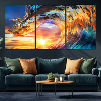 52890-MGV-CV-36X24-Surfing Wave Wall Art Canvas Print, Framed Sunset Ocean Art Picture Print, Ocean Wave Perfect Nautical Decor Artwork