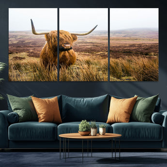 79391-MGV-CV-36X24-Majestic Highland Cow in Misty Scottish Moorland – Rustic Natural Charm, Perfect for Unique Home or Office Decor