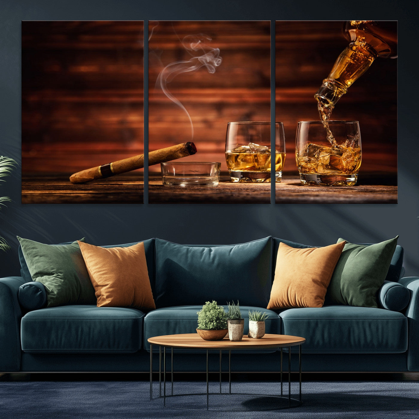 41139-MGV-CV-36X24-Whiskey and Cigar Still Life – Glasses with Ice and Pouring Amber Drink on Wooden Table with Smoke, Elegant Bar or Lounge Wall