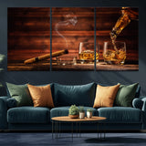 41139-MGV-CV-36X24-Whiskey and Cigar Still Life – Glasses with Ice and Pouring Amber Drink on Wooden Table with Smoke, Elegant Bar or Lounge Wall