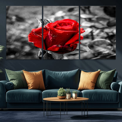 84671-MGV-CV-36X24-Red Rose Wall Art – Vibrant Single Bloom Canvas Print with Black and White Background, Elegant Floral Decor for Living Room,