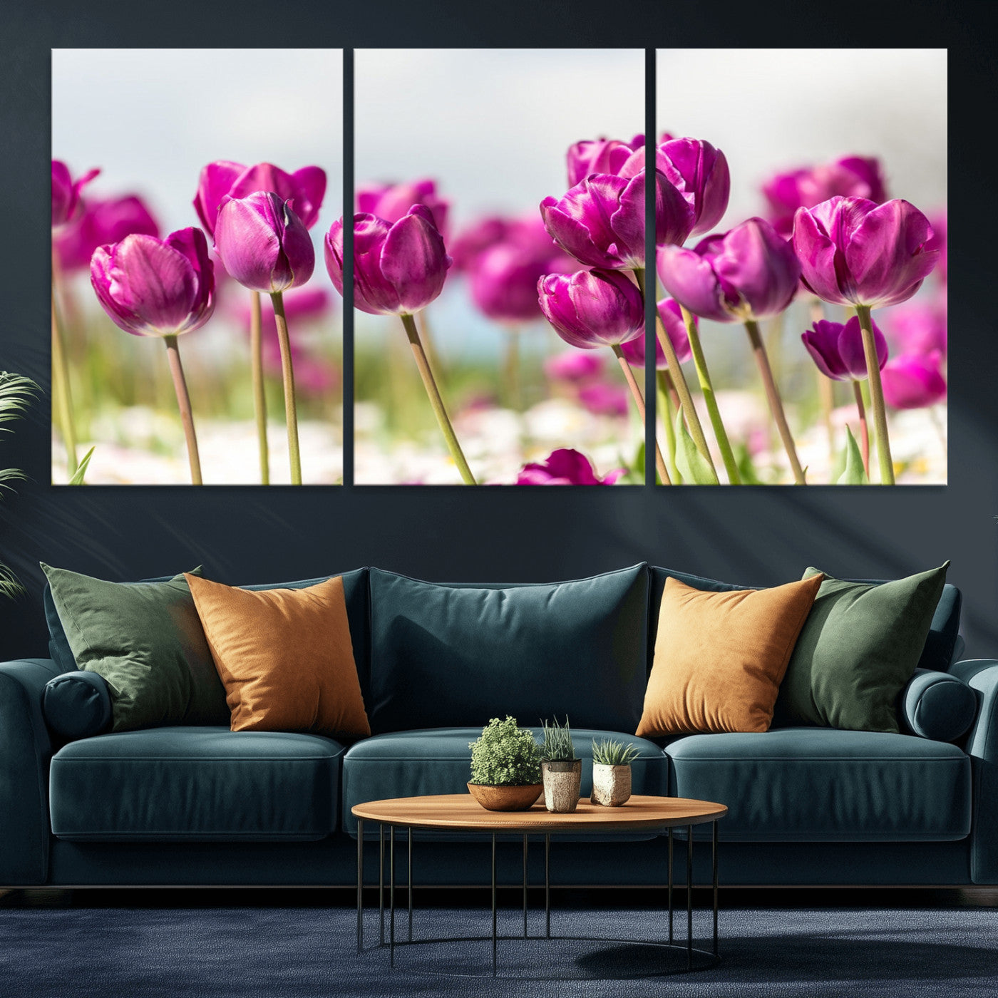 30632-MGV-CV-36X24-Purple Tulip Field Wall Art – Beautiful Spring Flowers Canvas Print with Soft Focus and Bright Sky, Ideal Floral Decor for Home or