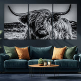 97372-MGV-CV-60X30-3P-Elegant Highland Cow Wall Art – Black and White Canvas Print, Rustic Nature Decor for Home, Office, Living Room or Man Cave