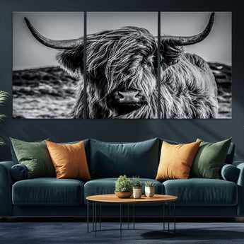 97372-MGV-CV-60X30-3P-Elegant Highland Cow Wall Art – Black and White Canvas Print, Rustic Nature Decor for Home, Office, Living Room or Man Cave