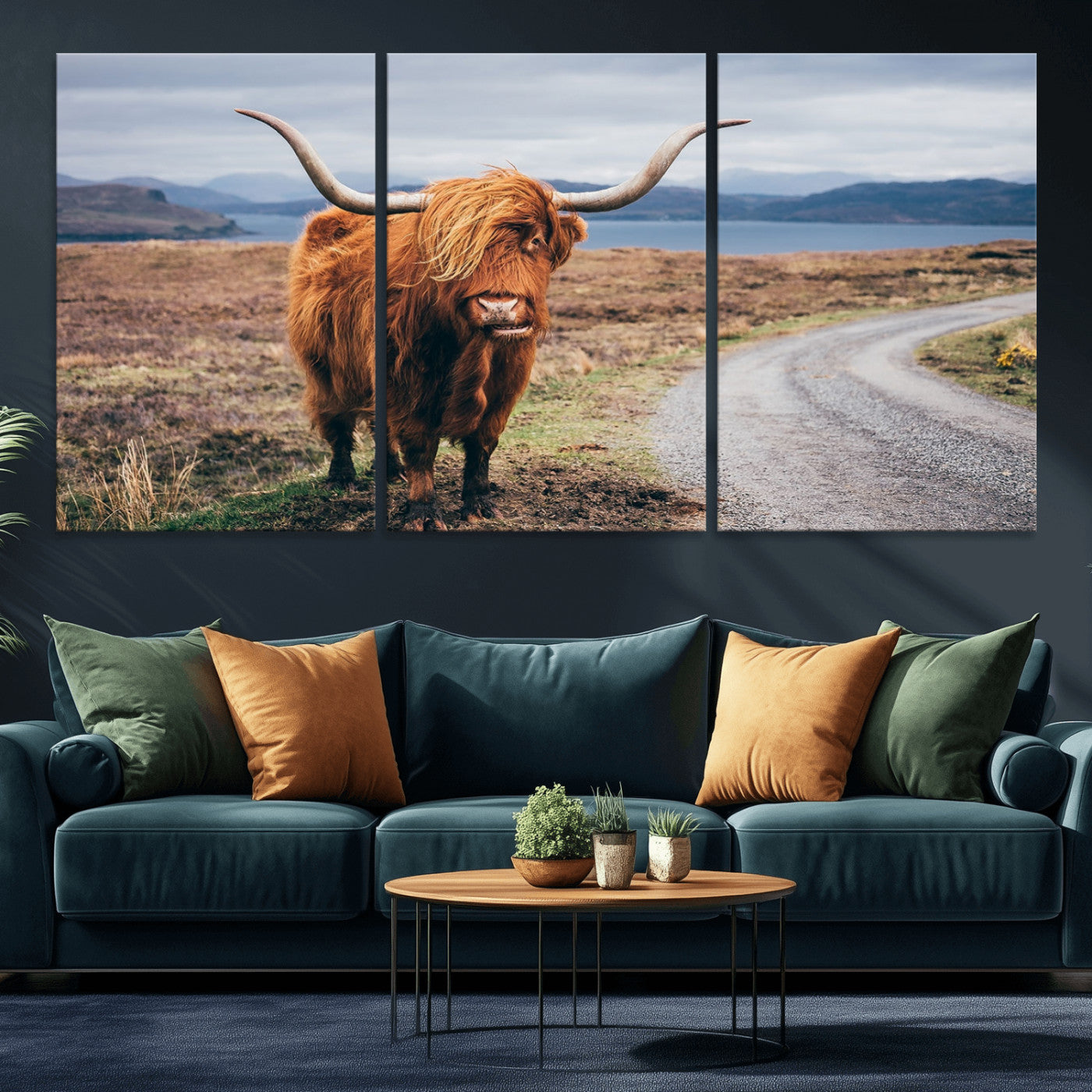 56121-MGV-CV-36X24-Rustic Highland Cow Wall Art – Panoramic Nature Canvas Print, Perfect Decor for Home, Office, Living Room or Man Cave