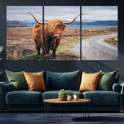 56121-MGV-CV-36X24-Rustic Highland Cow Wall Art – Panoramic Nature Canvas Print, Perfect Decor for Home, Office, Living Room or Man Cave