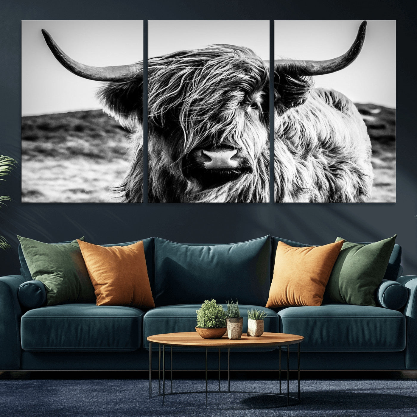 36979-MGV-CV-36X24-Striking black-and-white portrait of a Highland cow with flowing fur and majestic horns, perfect for rustic and elegant home or