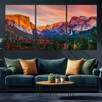 24519-MGV-CV-36X24-Yosemite Valley Sunset Wall Art – Majestic Mountain Landscape with Waterfall and Vibrant Sky, Nature Photography for Home or