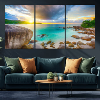 23769-MGV-CV-36X24-Tropical Beach Sunset Wall Art – Ocean Waves and Rocky Shore Canvas Print, Coastal Seascape Photography Decor