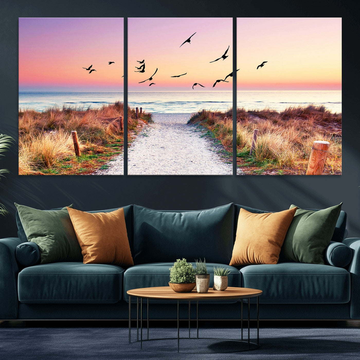 54411-MGV-CV-36X24-Beach Path with Birds Wall Art – Coastal Sunset Ocean Canvas Print, Seaside Nature Landscape Photography for Living Room, Bedroom