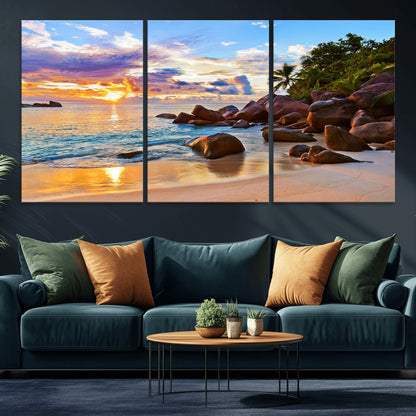 43209-MGV-CV-36X24-Tropical Beach Sunset Wall Art – Golden Ocean Waves and Palm Trees with Rocky Shore Canvas Print, Coastal Seascape Decor for